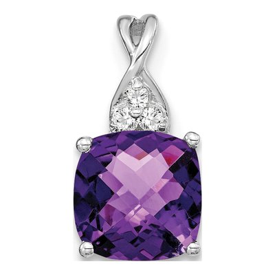 14K White Gold Amethyst & Diamond Cushion Checkerboard February Pendant
