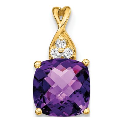 14K Yellow Gold Amethyst & Diamond Cushion Checkerboard February Pendant
