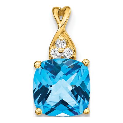 10K Yellow Gold Swiss Blue Topaz & Diamond Cushion Pendant