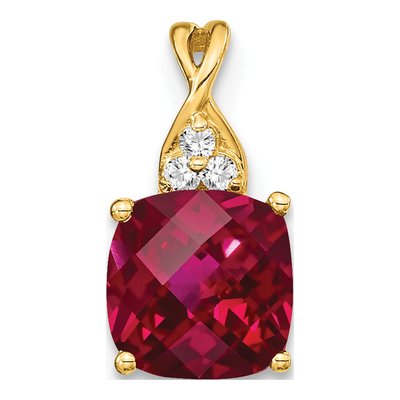 10K Yellow Gold Lab-Created Ruby & Diamond Cushion Pendant
