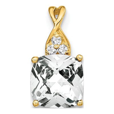 14K Yellow Gold White Topaz & Diamond Cushion Pendant