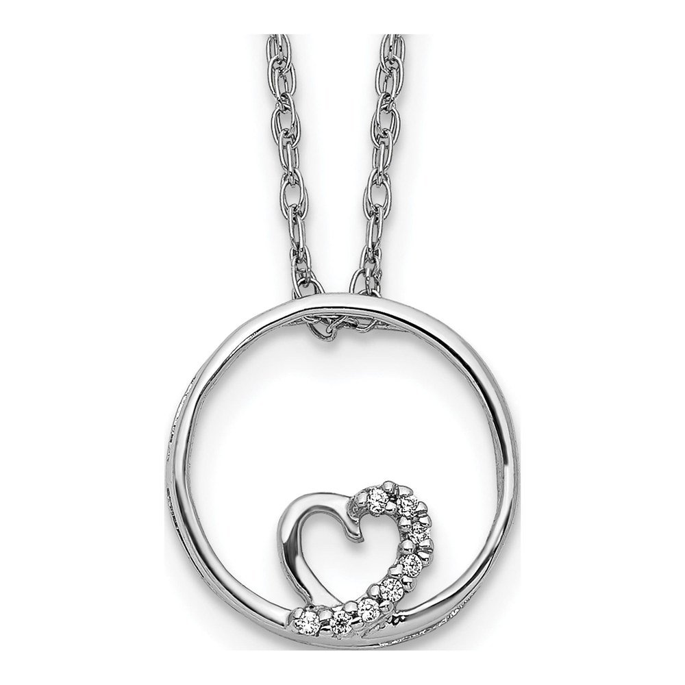 14K White Gold Diamond Heart Circle Pendant Necklace