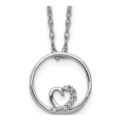 14K White Gold Diamond Heart Circle Pendant Necklace
