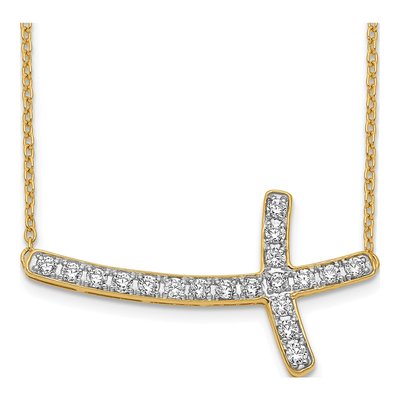 14K Yellow Gold 1/2 ct tw Diamond Sideways Cross Pendant Necklace