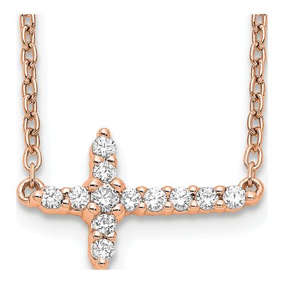 14K Rose Gold 1/6 ct tw Diamond Sideways Cross Necklace