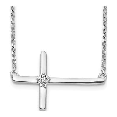 14K White Gold 1/20 ct tw Diamond Sideways Cross Pendant Necklace