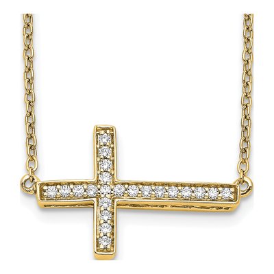 14K Yellow Gold 1/6 ct tw Diamond Sideways Cross Pendant Necklace
