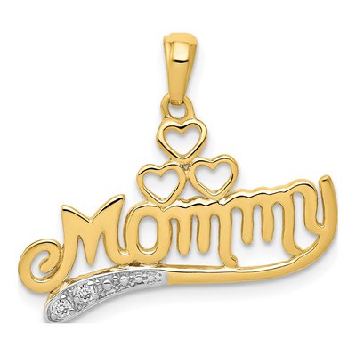 14K Yellow Gold Diamond Mommy Double Heart Pendant