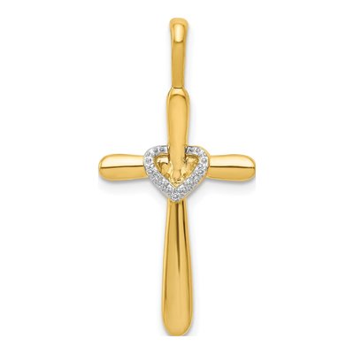 14K Yellow Gold 1/10 ct tw Diamond Cross Heart Pendant