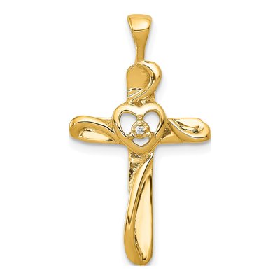 14K Yellow Gold Diamond Cross Heart Pendant