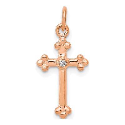 14K Rose Gold Diamond Small Budded Cross Pendant