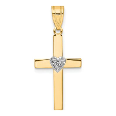 14K Two-Tone Gold Diamond Heart Cross Pendant