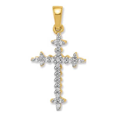 14K Yellow Gold 1/6 ct tw Diamond Fleur de Lis Cross Pendant