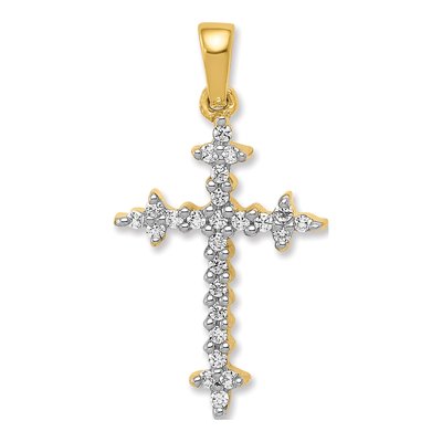 14K Yellow Gold 1/5 ct tw Diamond Fleur de Lis Cross Pendant