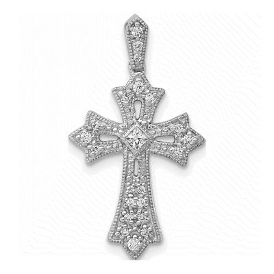 10K White Gold 1/6 ct tw Diamond Fleur de Lis Cross Pendant