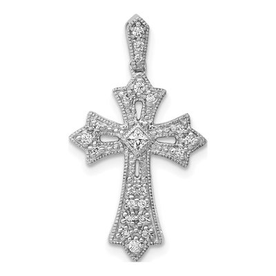 14K White Gold 1/6 ct tw Diamond Fleur de Lis Cross Pendant