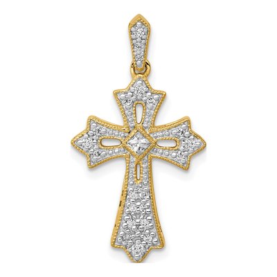14K Yellow Gold 1/6 ct tw Diamond Fleur de Lis Cross Pendant