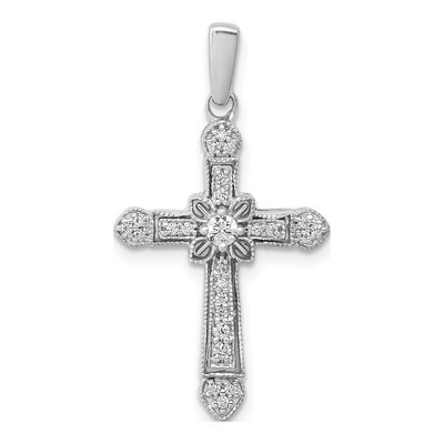 14K White Gold 1/6 ct tw Diamond Filigree Cross Pendant