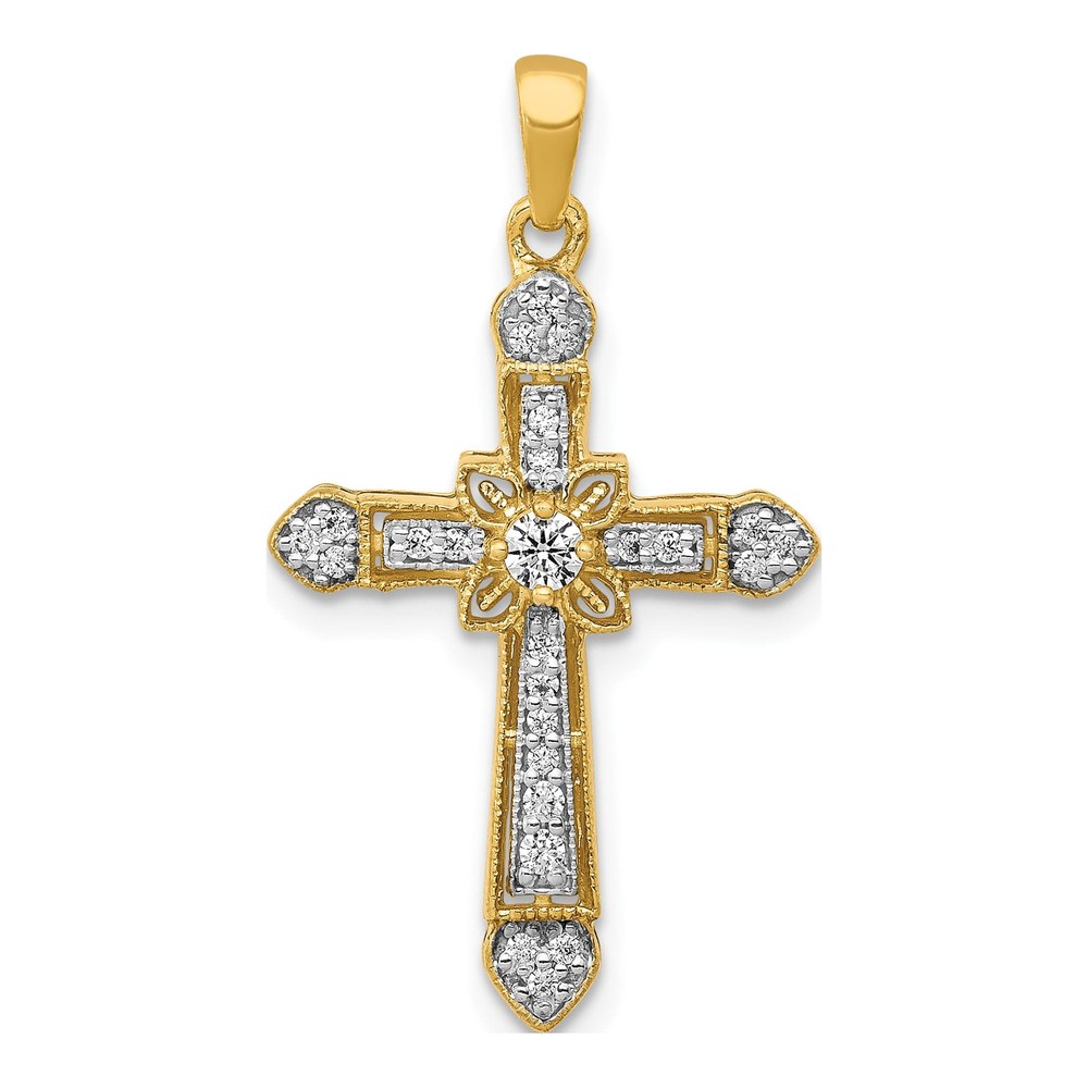 14K Yellow Gold 1/6 ct tw Diamond Filigree Cross Pendant