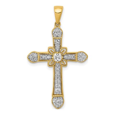 14K Yellow Gold 1/3 ct tw Diamond Filigree Cross Pendant