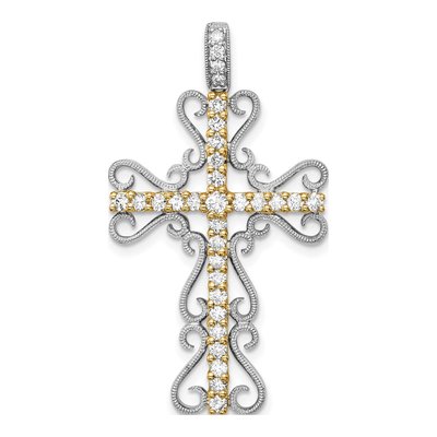 14K Two-Tone Gold 5/8 ct tw Diamond Filigree Cross Pendant