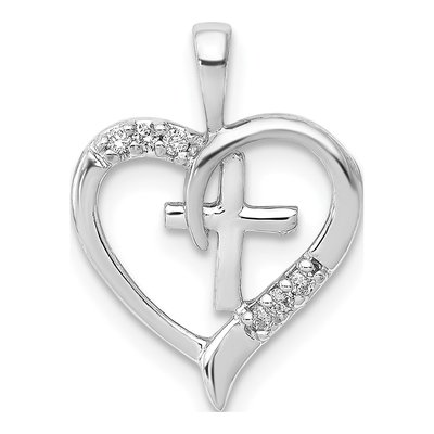 14K White Gold 1/20 ct tw Diamond Heart Cross Pendant