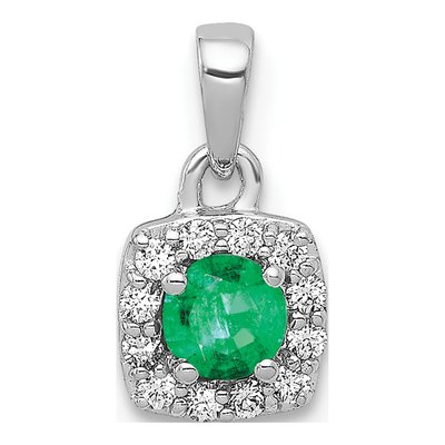 14K White Gold 1/10 ct tw Emerald & Diamond Square Halo Pendant