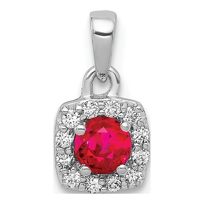 14K White Gold 1/10 ct tw Ruby & Diamond Square Halo Pendant