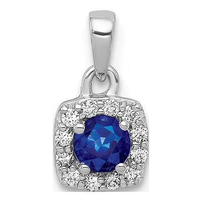 14K White Gold 1/10 ct tw Sapphire & Diamond Square Halo Pendant