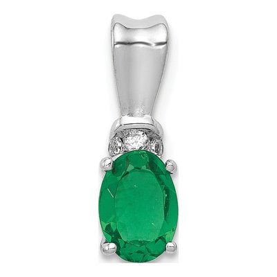 14K White Gold Emerald & Diamond Oval Pendant