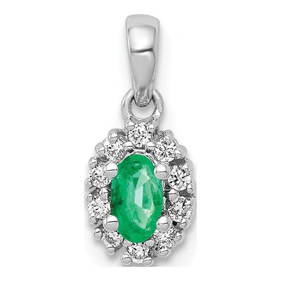 14K White Gold 1/10 ct tw Emerald & Diamond Halo Pendant