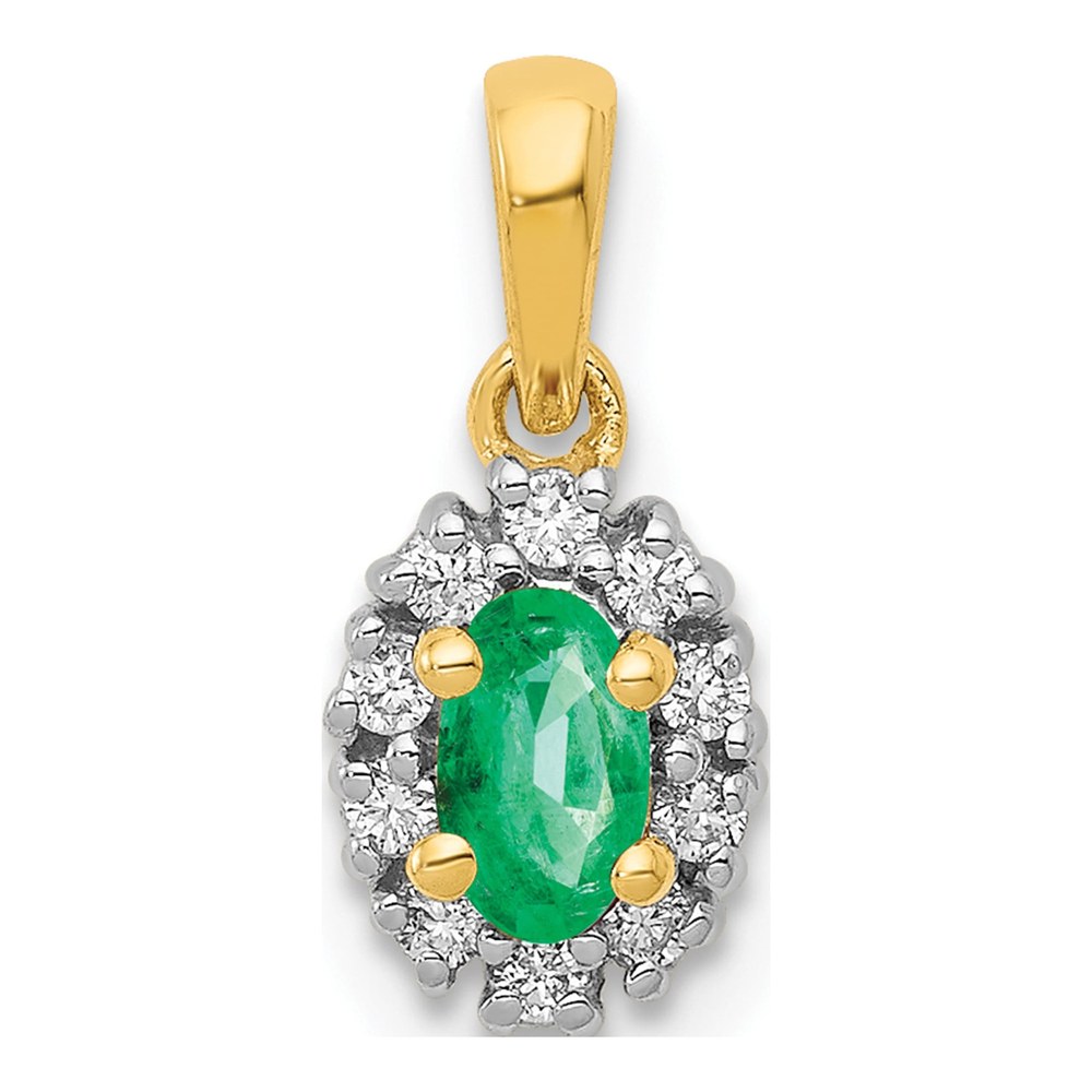 14K Yellow Gold 1/10 ct tw Emerald & Diamond Oval Halo Pendant