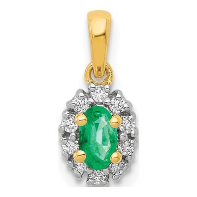 14K Yellow Gold 1/10 ct tw Emerald & Diamond Oval Halo Pendant