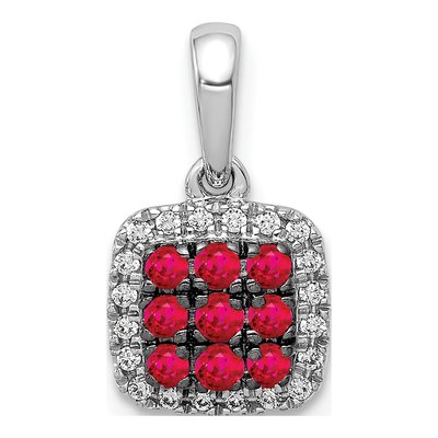 14K White Gold 1/10 ct tw Ruby & Diamond Square Halo Pendant