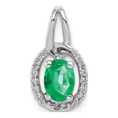 14K White Gold 1/8 ct tw Emerald & Diamond Oval Pendant