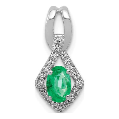 14K White Gold 1/10 ct tw Emerald & Diamond Oval Pendant