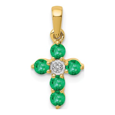 14K Yellow Gold Emerald & Diamond Cross Pendant