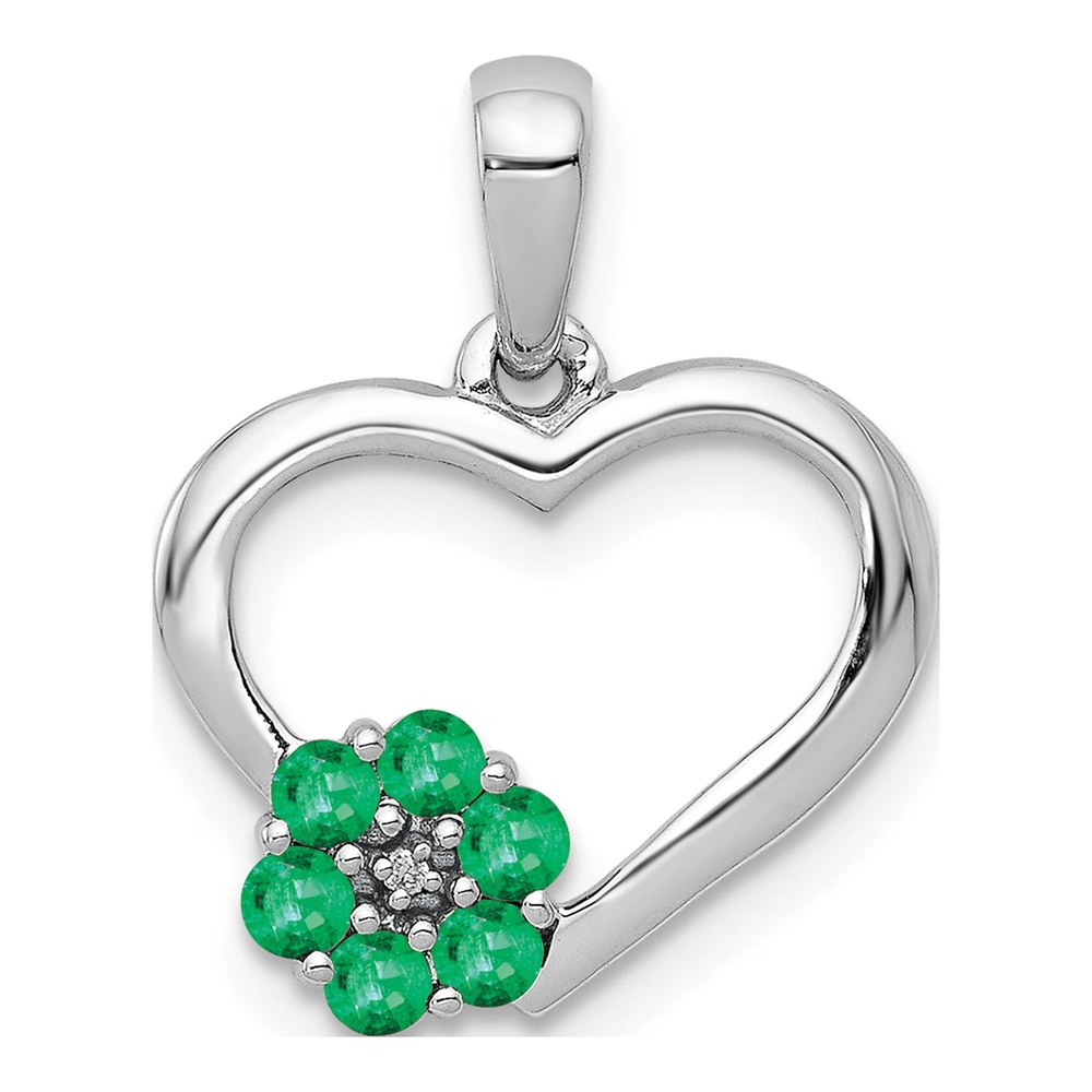 14K White Gold Emerald & Diamond Flower Heart Pendant