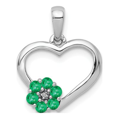 14K White Gold Emerald & Diamond Flower Heart Pendant