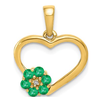 14K Yellow Gold Emerald & Diamond Flower Heart Pendant