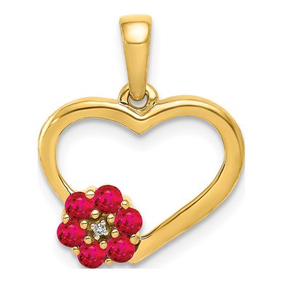 10K Yellow Gold Ruby & Diamond Flower Heart Pendant