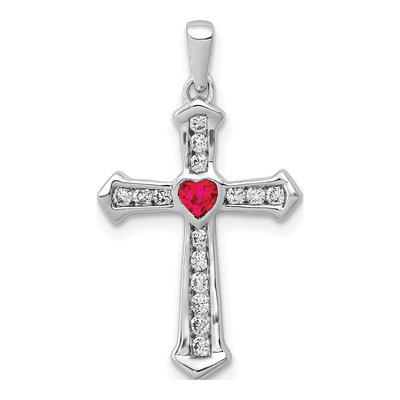 14K White Gold 1/5 ct tw Ruby & Diamond Heart Cross Pendant