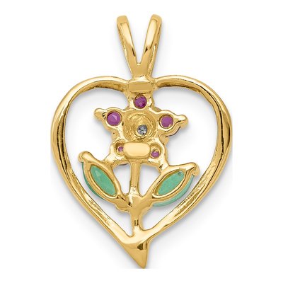 14K Yellow Gold Emerald & Ruby Siam Flower Heart Pendant – view 4
