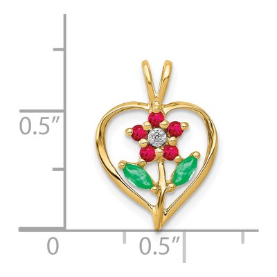 14K Yellow Gold Emerald & Ruby Siam Flower Heart Pendant – view 5