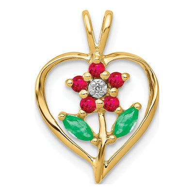 14K Yellow Gold Emerald & Ruby Siam Flower Heart Pendant