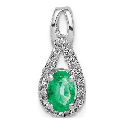 14K White Gold 1/10 ct tw Emerald & Diamond Teardrop Halo Pendant
