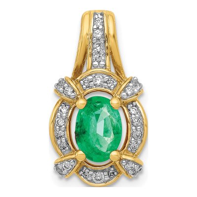 14K Yellow Gold 1/5 ct tw Emerald & Diamond Oval Vintage Pendant