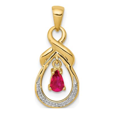 14K Yellow Gold Ruby & Diamond Pear Dangle Pendant