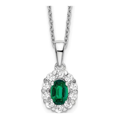 14K White Gold 1/2 ct tw Lab-Created Emerald & Lab-Grown Diamond Halo Necklace