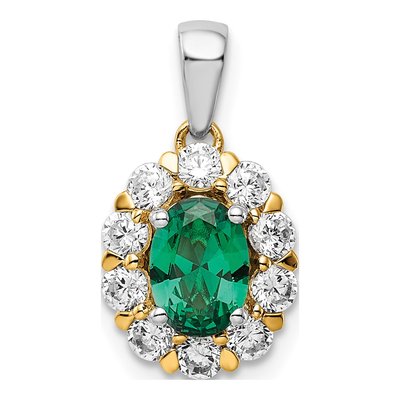 14K Two-Tone Gold 1/2 ct tw Lab-Created Emerald & Lab-Grown Diamond Halo Pendant